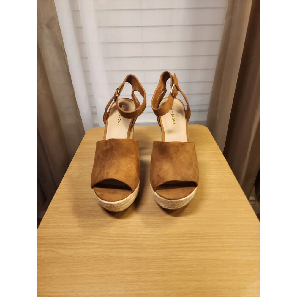 Sun & Stone Micro Suede Cognac Brown Retro Espadrille Platform Sandals 10 M